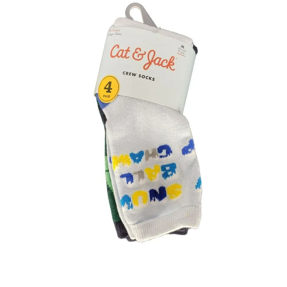 Cat & Jack Boy's Crew Socks Snowball Champ Trees Plaid Stripe 4 Pack Size Medium